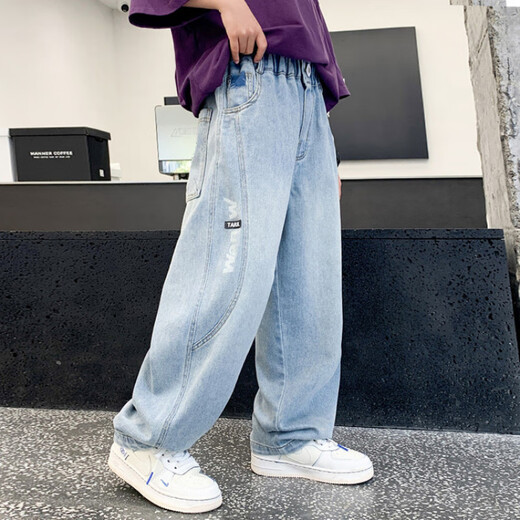 Snoopy Official Boys Jeans Tennis Sommer Dünner Stil 2025 Kinder hübsche Scimitar Hosen Jungen Eis Seide Straight Hosen Hellblau-Summer Thin Style 140 cm