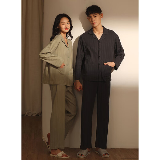 American retainers 2025 Spring and Autumn Couple Pajamas Women's New Long Sleeve Cardigan Casual Stripe Men's Home Clothing Set Women's Style-6172 Black M