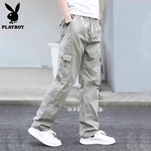 Playboy (PLAYBOY) spring and autumn overalls men's casual pants outdoor loose sports pants summer straight pants long pants men's military green L