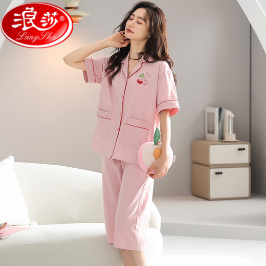 浪莎中老年人妈妈睡衣女夏季纯棉短袖七分裤休闲开衫家居服两件套装薄 N9892 M 80-100斤