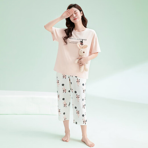 芬腾可安睡衣女士纯棉夏季新款圆领七分裤卡通睡衣女家居服可外穿套装