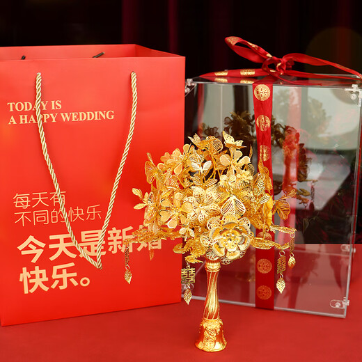 科茵格黄金色手捧花diy材料包中式婚礼新娘秀禾旗袍服晨袍闺蜜结婚礼物 点翠[diy材料包]+高档礼盒
