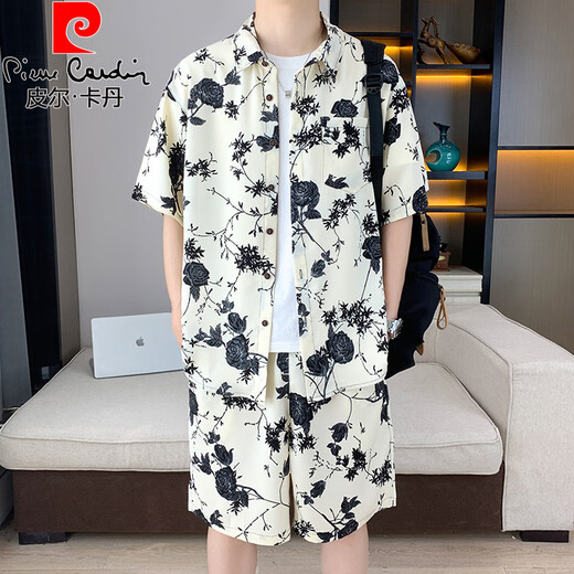 皮尔卡丹（pierre cardin）夏季冰丝短袖衬衫套装男休闲痞帅碎花半袖衬衣搭配沙滩短裤两件套 679米白套装 M 90-110斤