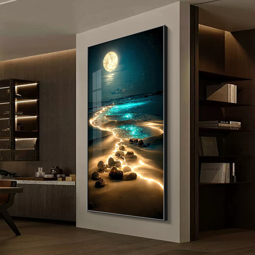 入户门玄关装饰画系夜景客厅走廊过道挂画镶钻LED发光灯画 PGB4881 40*80cm 百搭黑框（拉丝铝合金边