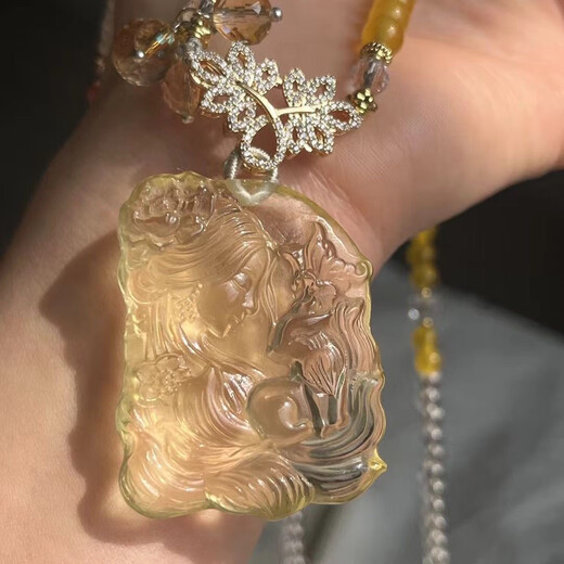 结盟者高品质天然黄水晶九尾狐狸望月将军狐挂件毛衣链套装女款礼物合集 12609手工雕刻
