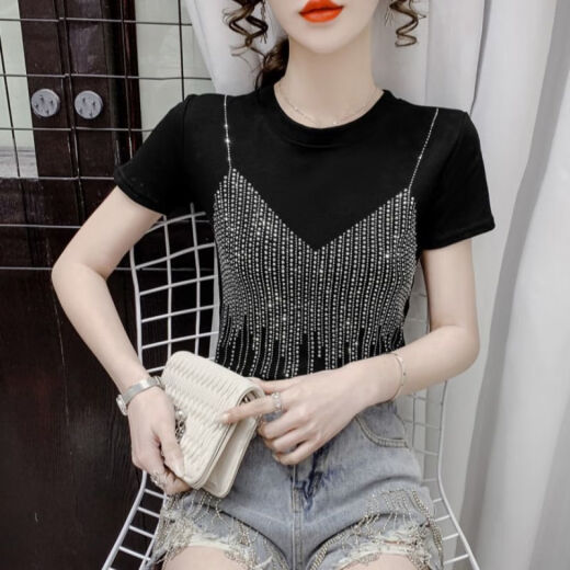 DWRW Chic Short Top pour les femmes en été 2025 Nouveau Iron Diamond Temperament noir Tempilement mince Niche T-shirt à manches courtes 1098 Black M 80-100