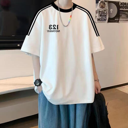 Ruishike three-pole trendy brand men's short-sleeved T-shirt men's summer 2025 new loose junior high school student tops 3895*Wasp white M 80-120Jin Jin equals 0.5 kg