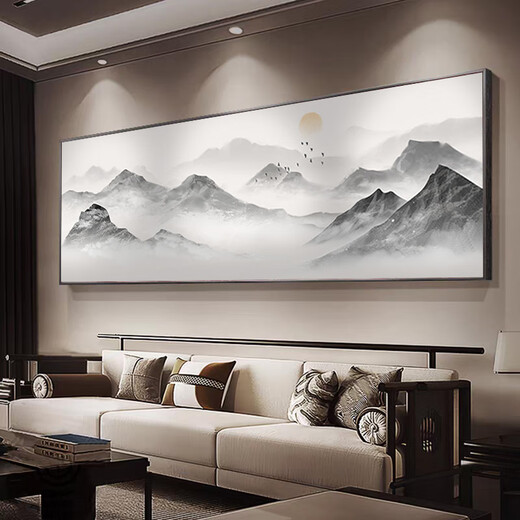 Zilang living room decorative painting sofa background wall ink Zen landscape painting wall hanging tea room office calligraphy and painting mural 04-backed 60*180 bright gold aluminum frame + plexiglass SF Express