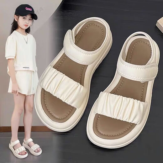 Mädchen Sandalen Sommer Kinderprinzessin Schuhe weicher Sohle ohne Schlupfstrandschuhe Big Boys und Mädchen Mode YQ-603 Beige 35 Innere Länge ungefähr 22,5 cm