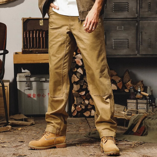 Jay Leno American Heavyweight Retro Logging Pants Men's Spring and Autumn Style Loose Straight Cleanfit Distressed Casual Workwear Pants Men's Khaki 100% Cotton L Suitable for 130-150Jin Jin equals 0.5 kg