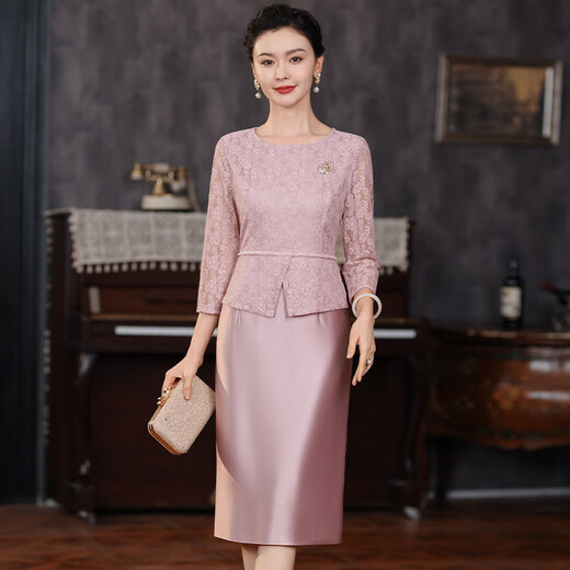 Luo Meng brand noble temperament happy mother-in-law wedding banquet dress for women 2026 new style petite young mother dress purple pink three-quarter sleeves M