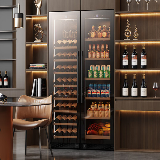 BAIKAILUN double-door thermostatic wine cabinet with double-door brown glass seamlessly embedded in large-capacity air-cooled frost-free office home tea beverage liquor wine fruit preservation refrigerator 1.8 meters | brown glass dual temperature zone | full display 210 bottles thick section