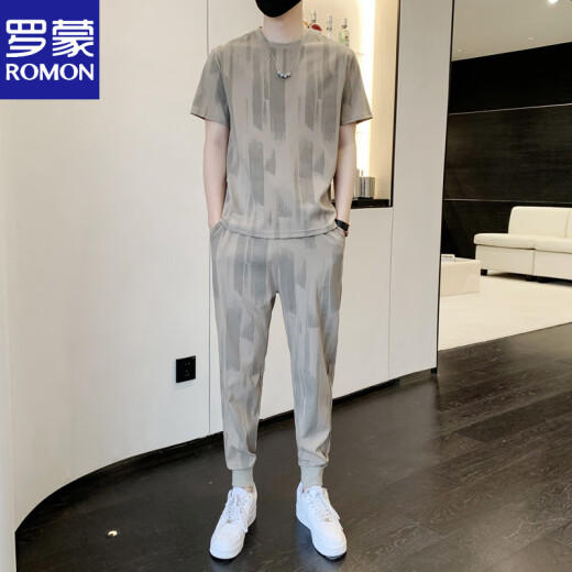 罗蒙（ROMON）套装男夏季冰丝短袖t恤男士潮流修身帅气九分长裤休闲运动两件套 白色719 M 建议85-105斤