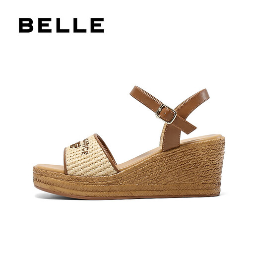 Belle Braided Resort Style Casual Sandals Women's Shopping Mall Thick-soled Wedge Sandals D6J1DBL5 Apricot 36 (230mm)