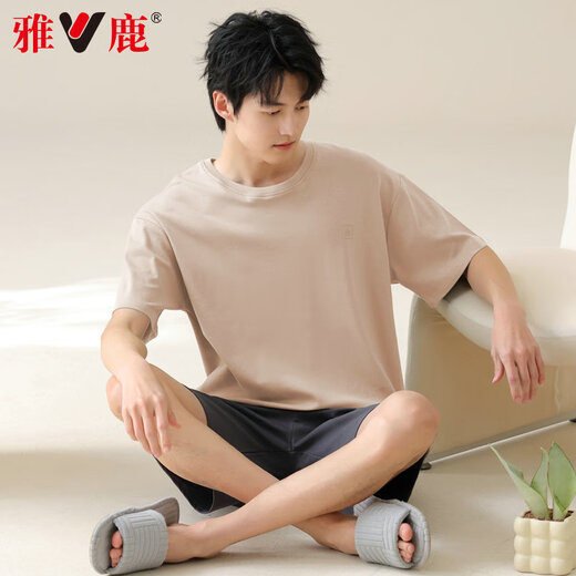 雅鹿男士睡衣男纯棉夏季薄款短袖全棉可外穿休闲大码男生家居服套装 42M13603 2XL 【推荐体重140-160斤】