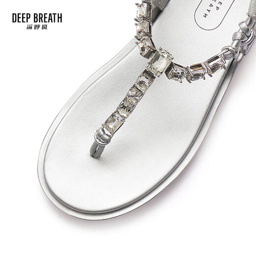 DEEP BREATH深呼吸女鞋夏季水钻夹趾魔术贴平底人字拖凉鞋AX14118 银 37