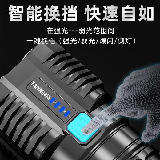 LED strong light flashlight zoom long-range ultra-high endurance outdoor multi-function searchlight outdoor emergency long-range strong light flashlight quad-core wick-Pu Liang