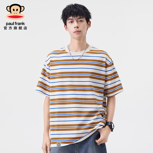 Big Mund Monkey (Paul Frank) American Trendy Striped Männer kurzärmeliges T-Shirt im Frühling und Sommer dünn lose runde Hals Elastische, vielseitige Männer-T-Shirt Green 698D [offizielles authentisch] M [Vorgeschlagen 105-125jin [Jin gleich 0,5 kg]]