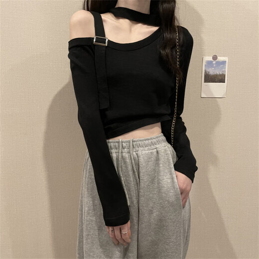 Rongxitu (Rongxitu) Design-Sensing Korean Style One-Shoulder Top 2025 kurz gestrickter Pullover Guangzhou Dreizehn Linien 11303 Schwarz One Size (70-125jin [Jin entspricht 0,5 kg] kann getragen werden)