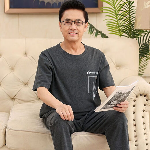 啄木鸟（TUCANO）棉质夏季短袖长裤男士睡衣中年爸爸套头休闲套装老年人薄款家居服 NXF9711 XL 码(建议140-160d