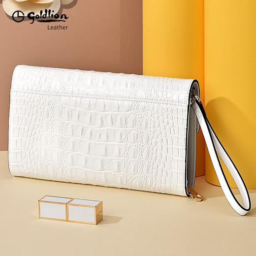 Goldlion Women's Bag Crocodile Pattern Genuine Leather Fashion Clutch 2025 New Light Luxury Senior Women's Handbag Brand Clutch Bag White