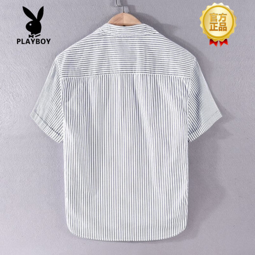 花花公子（PLAYBOY）条纹衬衫男士短袖夏季薄款日系复古纯棉免烫韩版休闲半袖贴标衬衣 9740黑色 L 【适合体重125-140斤】