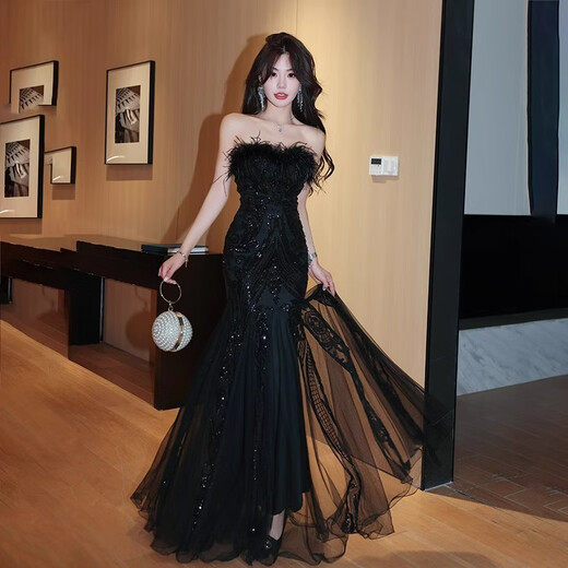 He Yangyu tube top evening dress for women black fur sequined fishtail gauze skirt heavy industry host banquet wedding art exam birthday black M