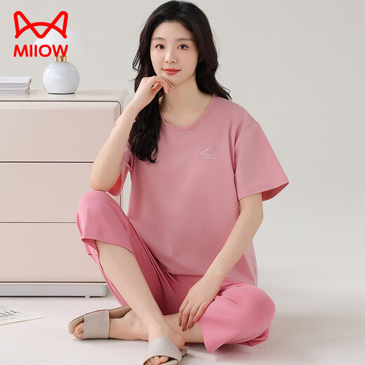 猫人（MiiOW）莫代尔睡衣女夏加肥加大码短袖七分裤夏天薄款宽松套头家居服套装 XP-7027 M