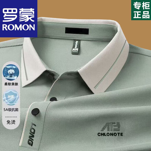 罗蒙（ROMON）高端男士长袖t恤2025春秋薄款中年爸爸翻领POLO打底衫秋装上衣服 16823浅绿长袖 XL 175【建议130-155斤】
