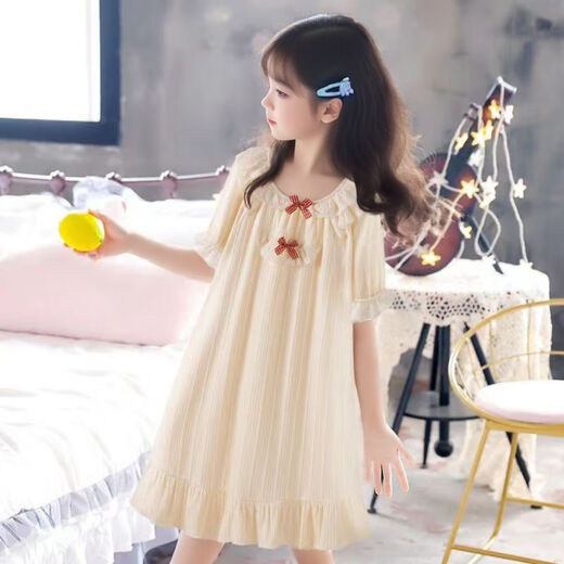 
Snoopy (SNOOPY) summer new style short-sleeved girls nightgown loose girls nightgown ice silk medium-sized children's pajamas dress 687 short-sleeved lace bow apricot nightgown 170 cm