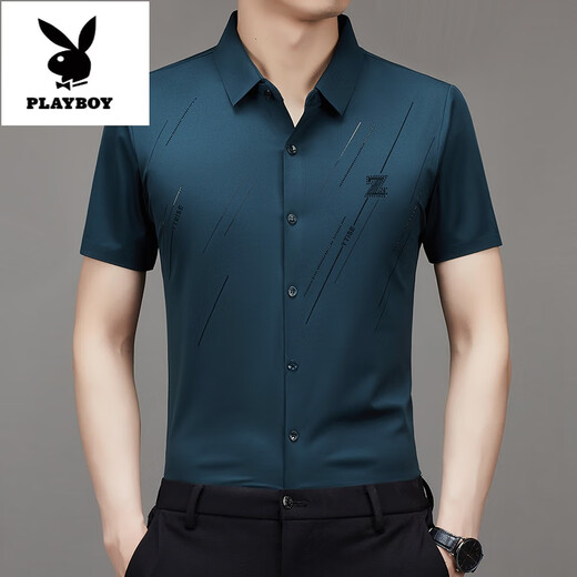 
Playboy (PLAYBOY) summer new men's short-sleeved shirt mulberry silk middle-aged and young people stretchable and traceless silk shirt loose 9903 light blue 4XL 190