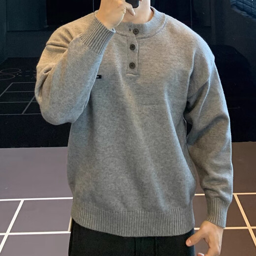IRONTRAP heavy henley collar pullover sweater bottoming sweater long-sleeved sports casual T-shirt men's autumn and winter gray L