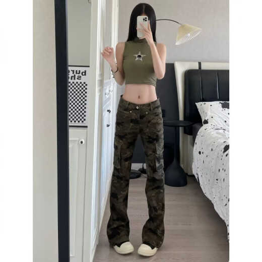 POUM美式vibe风迷彩牛仔裤男潮牌街头感复古微喇裤修身显瘦休闲长裤子 DFFS-795迷彩色 L