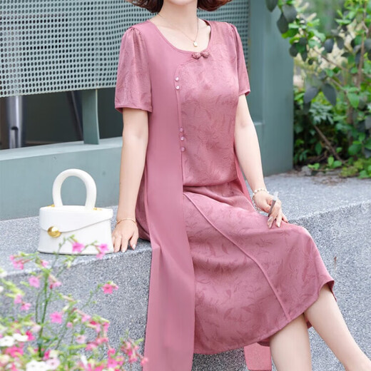 Vestidos de mediana edad y ancianos de mediana edad y ancianos, suegros de verano y mamá, falsos de gasa de dos piezas de dos piezas de mediana edad de 50 años, 6625 rosa XL recomendado 100 Jin [Jin equivale a 0.5 kg]