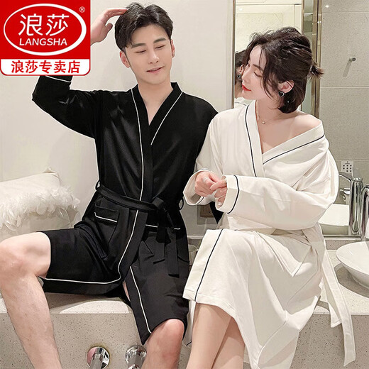 Langsha spring and summer couple nightgown women pure cotton water-absorbing hotel style bathrobe medium long sleeve thin men's large size summer home clothes [men] nightgown long sleeves/723 3XL