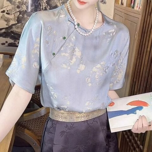 隐形都市新中式国风女装仿真丝2025休闲短袖T恤上衣女夏季仿桑蚕丝衬衫 图片色 9854 M