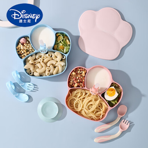 迪士尼（Disney）宝宝吃饭餐具全套婴儿餐盘吸盘式食品级儿童餐盘勺叉吸管吸盘 乐康可爱猫爪餐盘-蓝色 带防尘盖