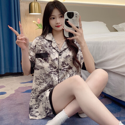 单南卫韩系感冰丝春夏季薄款睡衣女爱心开衫可外穿家居服女套装批发 LW-9214# M 【建议80-100斤】