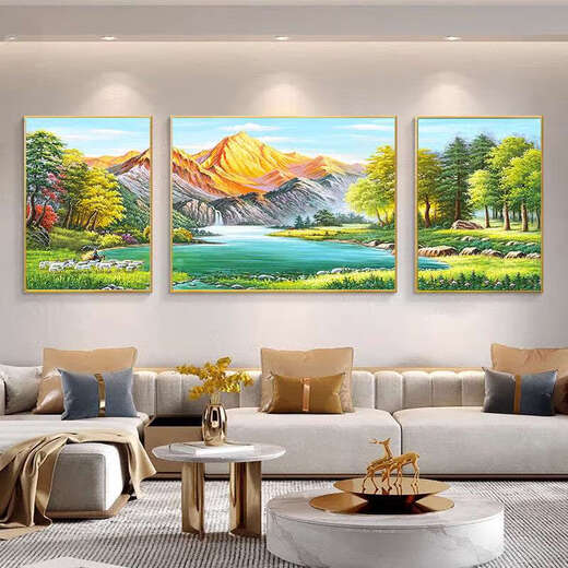 Yonghuan Back contre Jinshan salon suspendu peinture paysage peinture canapé fond arrière décoration peinture Fengshii West Wall Triptych 12596 Golden Aluminium Alloy