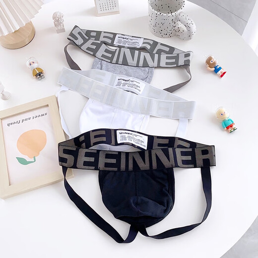 T-string men's tight sexy double-butt underwear for boys white gay back empty buttocks exposed breathable T-shaped shorts black + white large characters L recommended 120-140 Jin Jin equals 0.5 kg