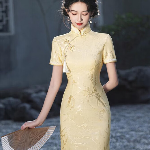 Jialong Mingxiu goose yellow temperament cheongsam women's new jacquard dress 2025 summer goose yellow M
