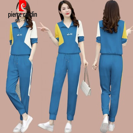 Pierre Cardin Ice|Silk Short Sleeve Sports Suit Running Women's Summer 2025 New Loose Slim Fashion Fashion Casual Two Pieces 1389 Blue M (Recommended 100 Jin Jin is equal to less than 0.5 kg)