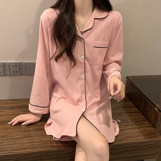 COLORFUL GEMS bean paste color pajamas for women new long-sleeved nightgowns for home clothes spring, summer and autumn boyfriend style 681# bean paste color shirt skirt 170 M (75-95Jin[Jin equals 0.5 kg])