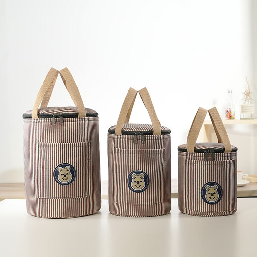 Pu Lian round insulated lunch box bag, aluminum foil thickened handbag, insulated bag with rice bucket for office workers, portable meal bag, round barrel insulated style, bear label denim blue, large size, diameter 23, height 29 cm