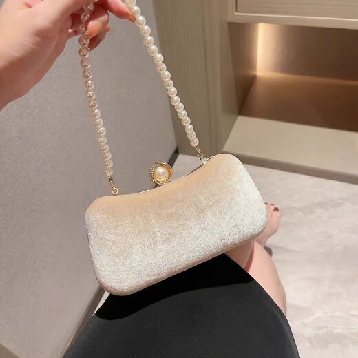 Kuqi Kangaroo (KUQIDAISHU) Celebrity Dinner Clutch Banquet Small Bag Matching Dress Bag Portable Pearl Bag Retro Cheongsam Women's Bag Pearl Head Apricot (Pearl Hand Chain + O-shaped Diagonal