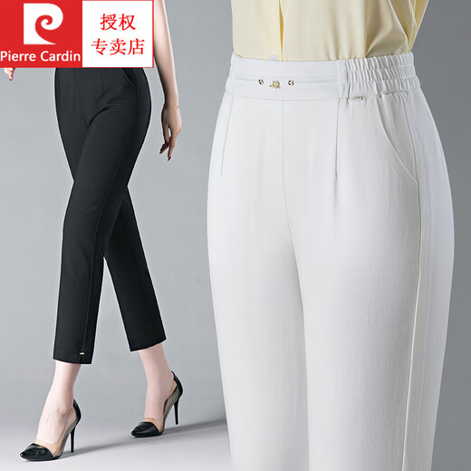 Pierre Cardin 2025 Pantalon recadré Pantalon droit d'été Fime Femme Blanc haute taille mince et à la mode tombant du pantalon mère d'âge moyen D6626 Pantalon recadré blanc 27 [poids 80-95 Jin [Jin est égal à 0,5 kg]]]