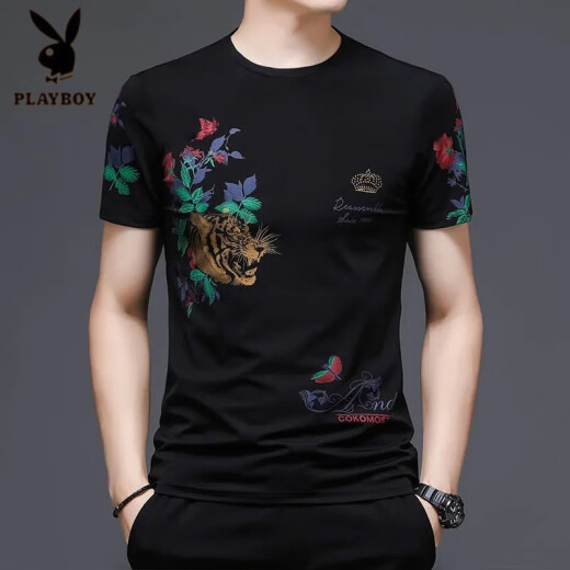 Playboy (PLAYBOY) Chinese style tiger head trendy men's short-sleeved T-shirt fashion printed large-size men's base shirt half-sleeved loose top 829 black letters L 170 [recommended 120-140Jin [Jin equals 0.5 kg]]