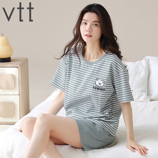 
VTT pure cotton pajamas for women in summer pure cotton shorts shorts summer new style young ladies home clothing suit V short sleeve suit: YZT9856 M