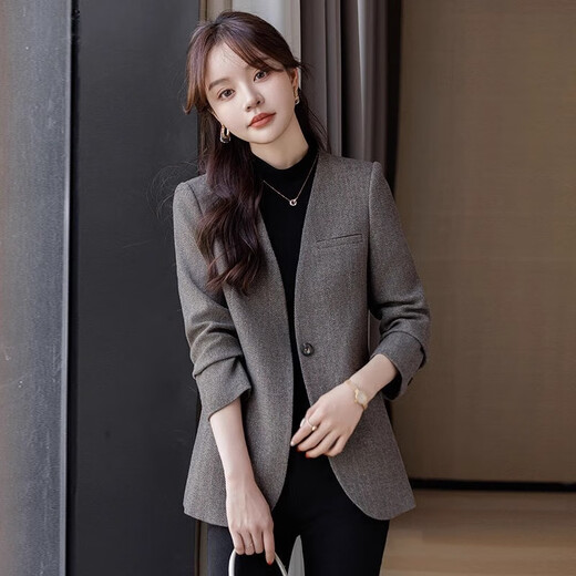 Yuanfeiya gray collarless suit jacket for women 2025 spring new style high-end casual loose top temperament small fragrance suit single piece gray suit L recommended 108-118Jin Jin equals 0.5 kg