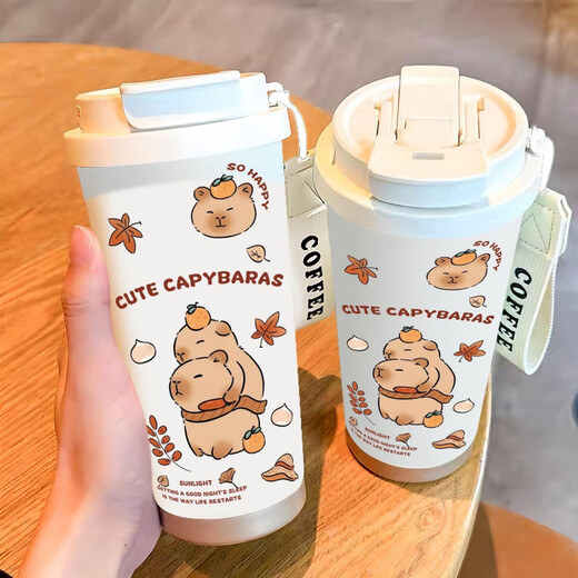 ZKHE Kapibala thermos large capacity student portable double drinking coffee cup new men and women straw water cups white-BXAB13558 capybara + with lanyard Ceramic inner liner